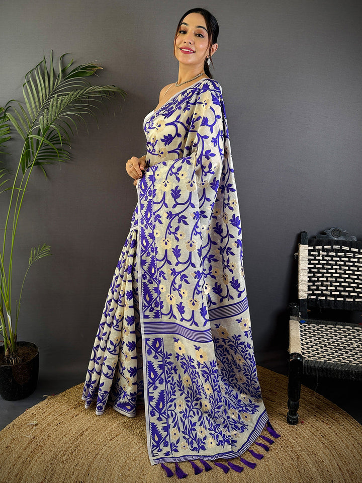 Cream & Blue Printed Cotton Saree with Tassel Border