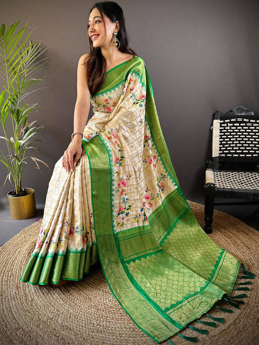 Cream & Green Soft Silk Saree with Floral Print and Rich Green Zari Border