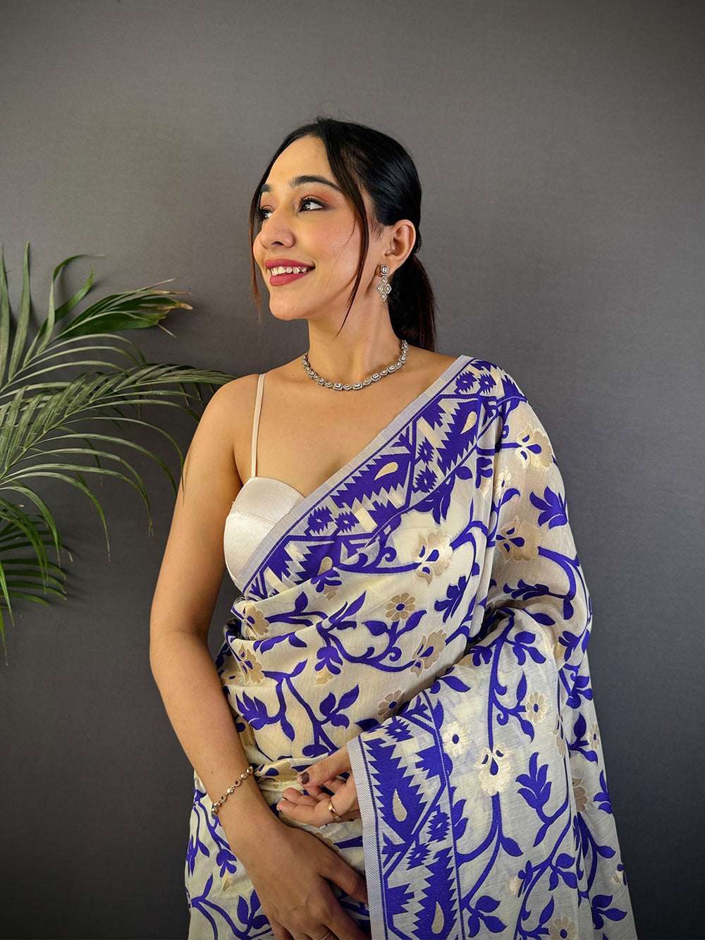 Cream & Blue Printed Cotton Saree with Tassel Border