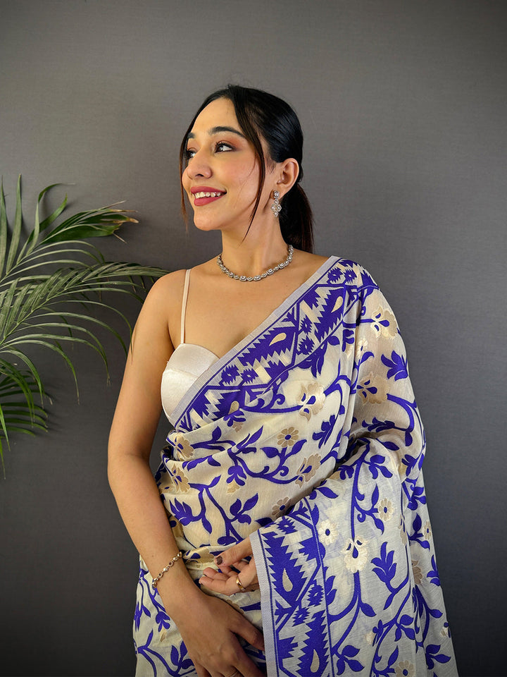 Cream & Blue Printed Cotton Saree with Tassel Border