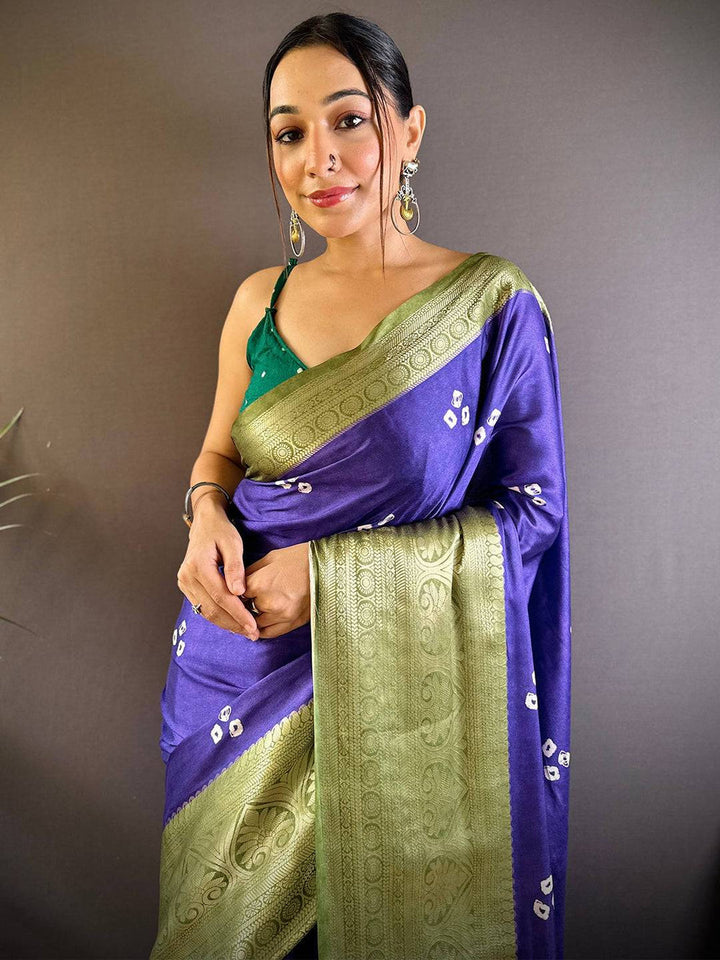 Purple Soft Silk Saree with Olive Green Zari Border & Artistic Pallu