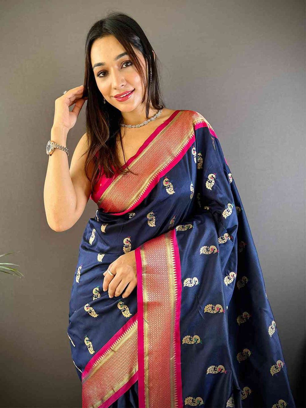 Navy Blue Banarasi Silk Saree with Golden Peacock Weaving & Contrast Pink Border