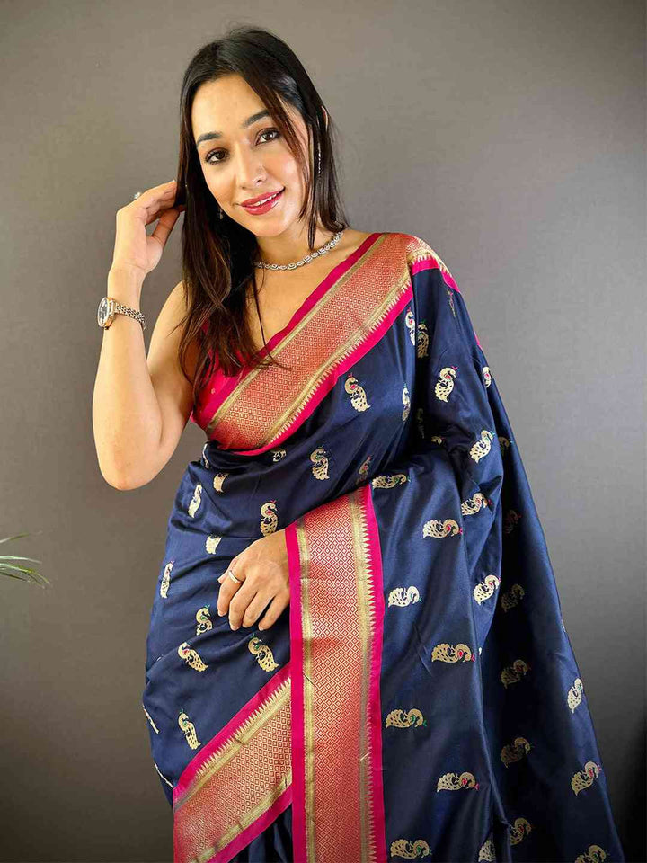 Navy Blue Banarasi Silk Saree with Golden Peacock Weaving & Contrast Pink Border