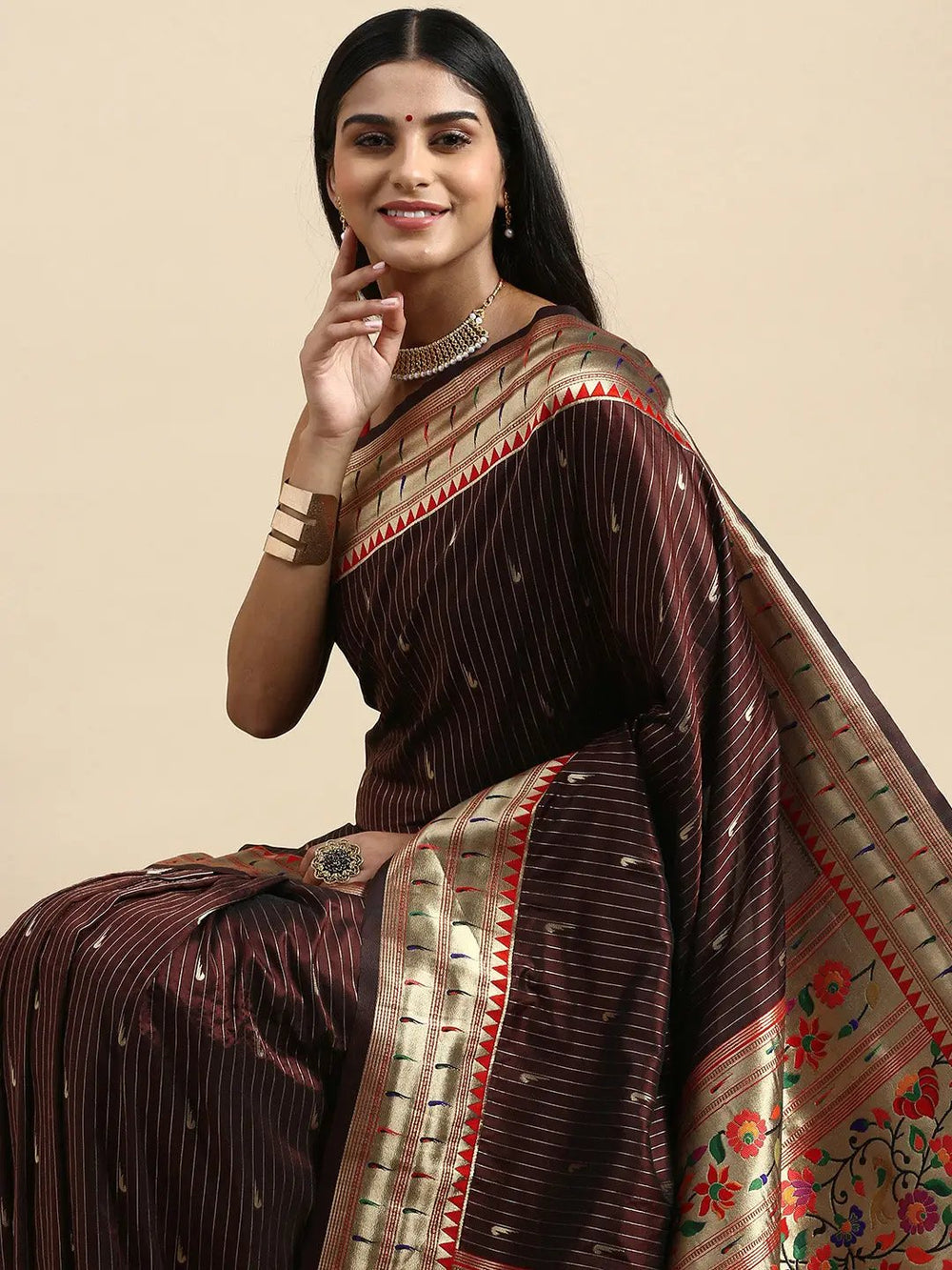 Chocolate Brown Banarasi Silk Saree with Golden Zari Border & Multicolor Floral Meenakari Pallu