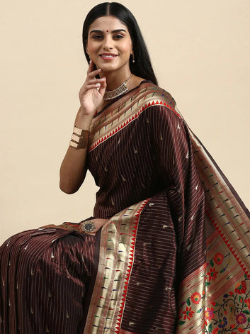 Chocolate Brown Banarasi Silk Saree with Golden Zari Border & Multicolor Floral Meenakari Pallu
