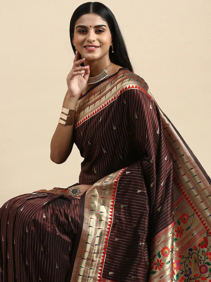 Chocolate Brown Banarasi Silk Saree with Golden Zari Border & Multicolor Floral Meenakari Pallu