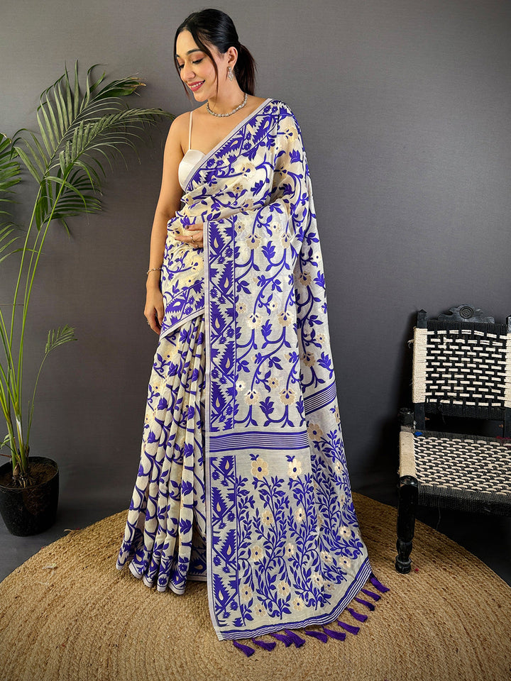 Cream & Blue Printed Cotton Saree with Tassel Border