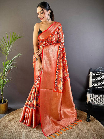 Orange Soft Silk Saree with Artistic Print & Rich Zari Border