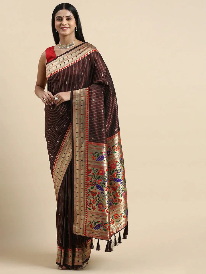 Chocolate Brown Banarasi Silk Saree with Golden Zari Border & Multicolor Floral Meenakari Pallu