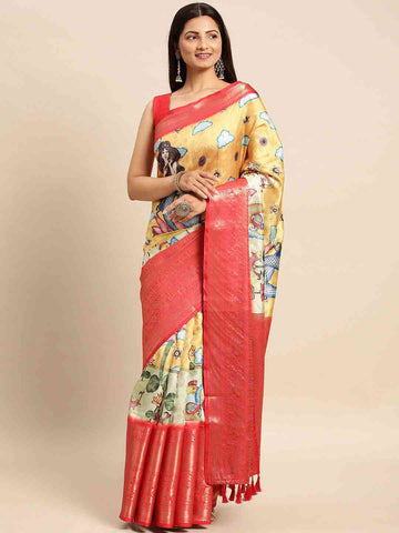 Yellow & Red Banarasi Silk Saree with Artistic Digital Print & Rich Zari Border