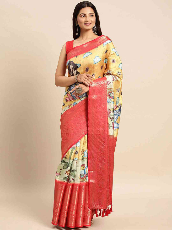 Yellow & Red Banarasi Silk Saree with Artistic Digital Print & Rich Zari Border