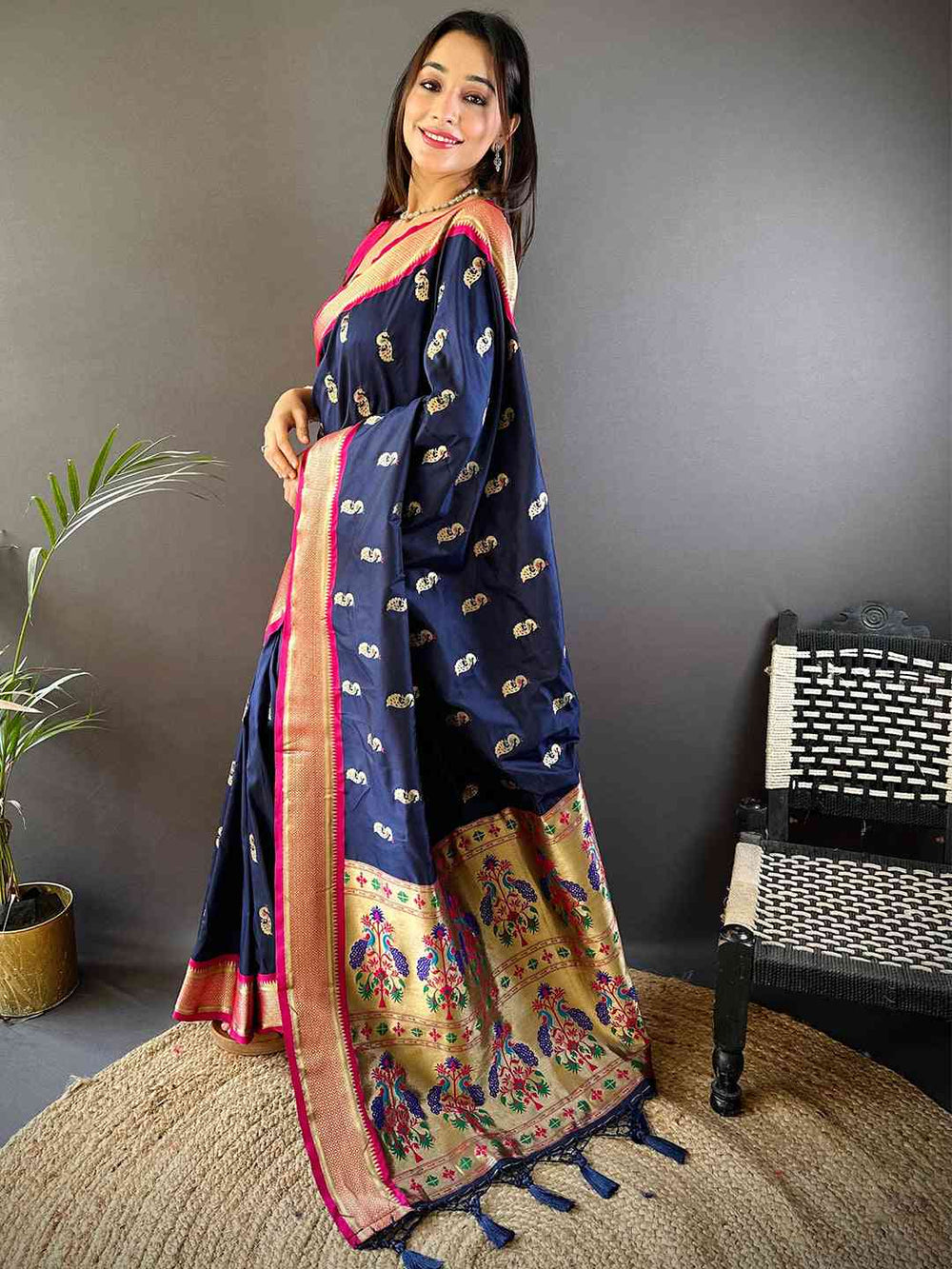 Navy Blue Banarasi Silk Saree with Golden Peacock Weaving & Contrast Pink Border