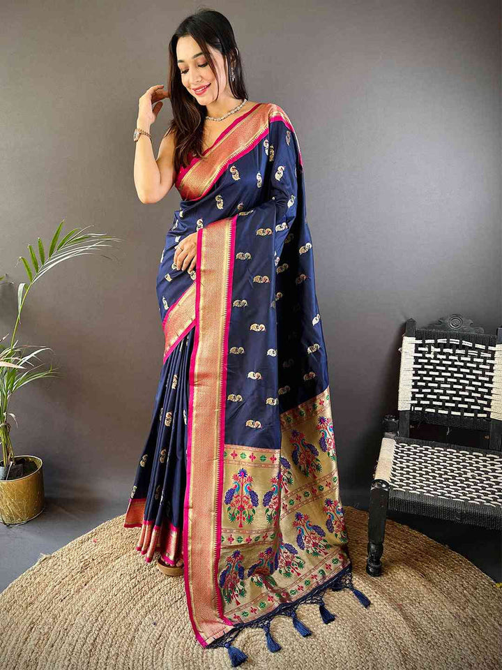 Navy Blue Banarasi Silk Saree with Golden Peacock Weaving & Contrast Pink Border