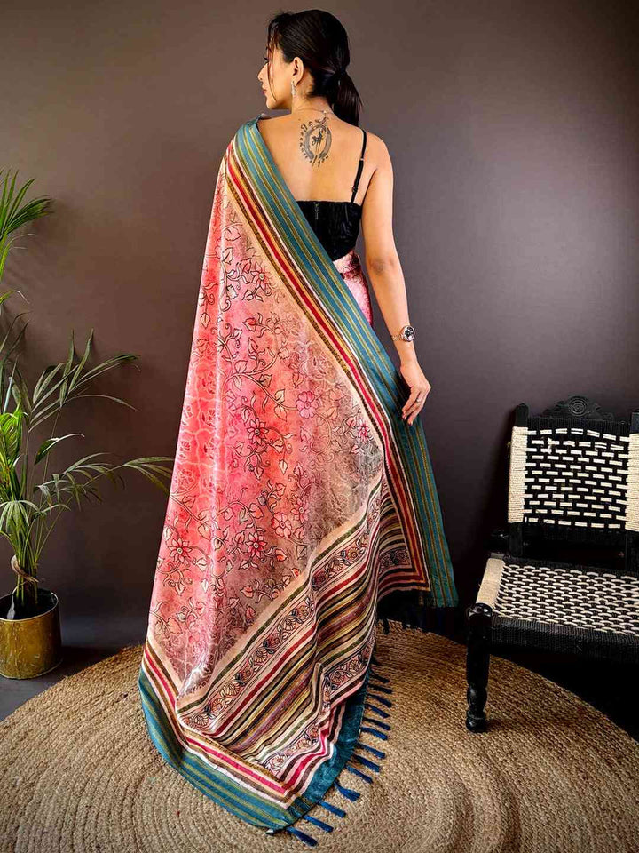 Pink & Teal Soft Silk Saree with Floral Print and Multicolor Striped Border