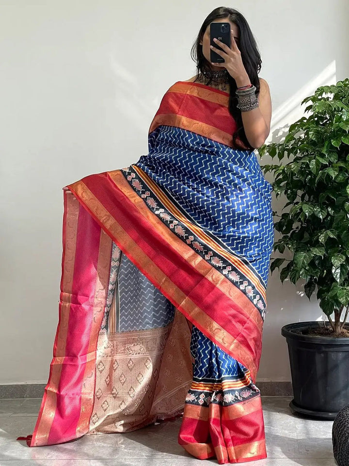 Blue & Pink Banarasi Soft Silk Saree with Ikat Weave and Golden Zari Border
