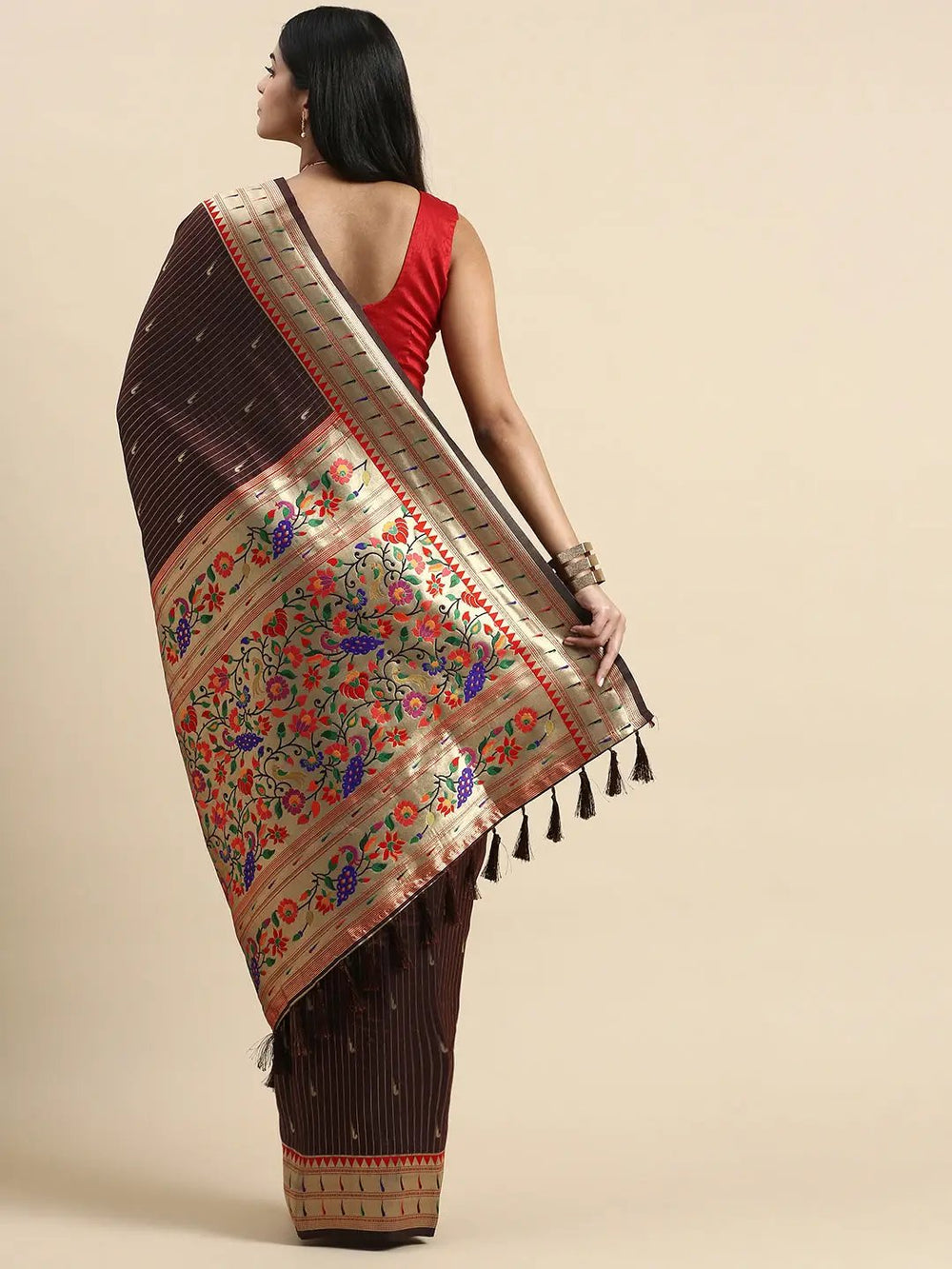 Chocolate Brown Banarasi Silk Saree with Golden Zari Border & Multicolor Floral Meenakari Pallu