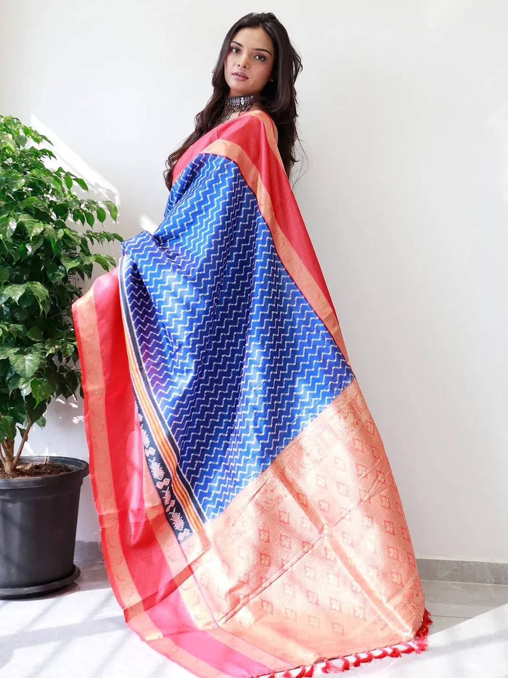 Blue & Pink Banarasi Soft Silk Saree with Ikat Weave and Golden Zari Border