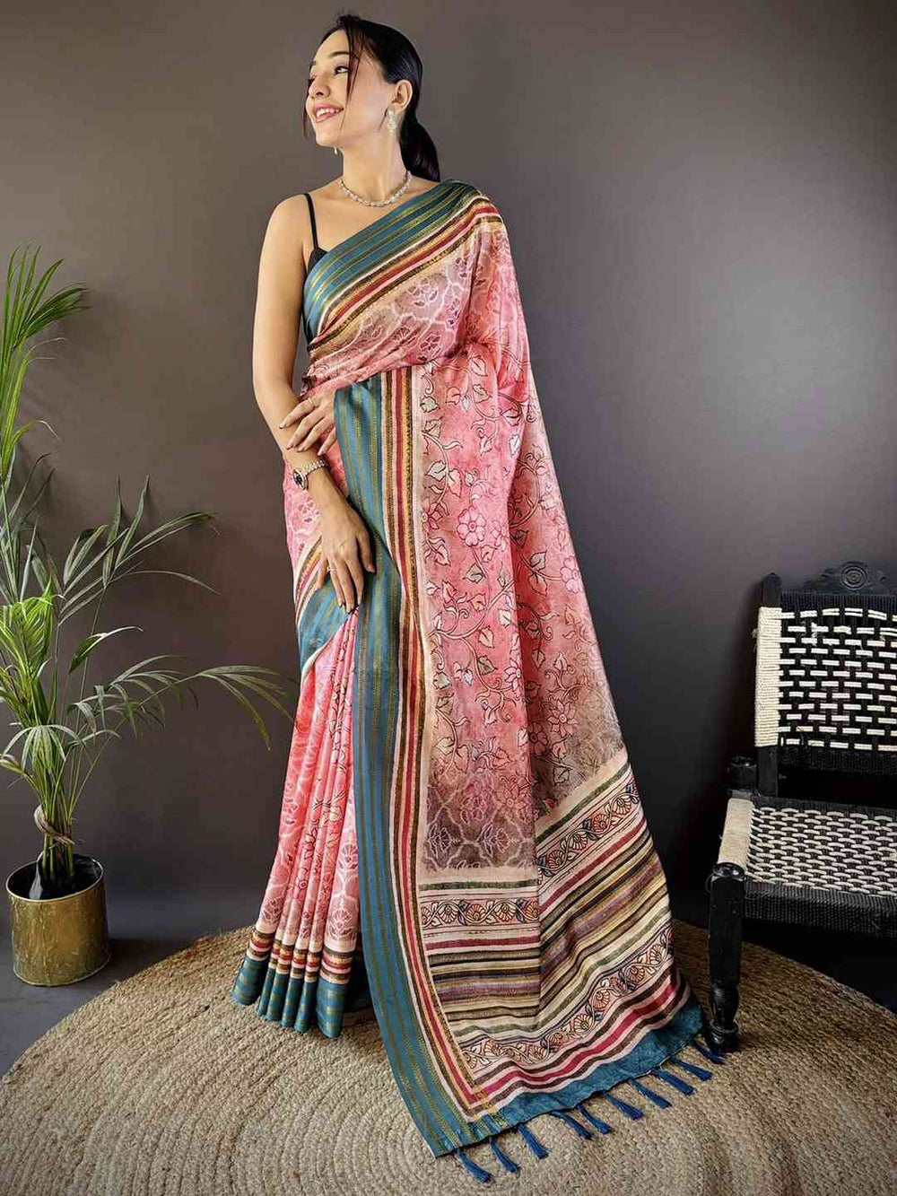 Pink & Teal Soft Silk Saree with Floral Print and Multicolor Striped Border