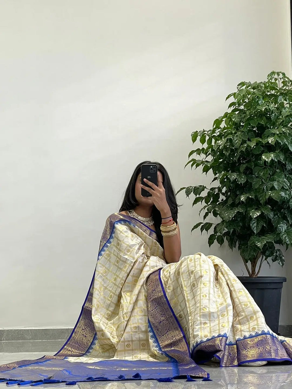 Cream Banarasi Soft Silk Saree with Gold Checks & Royal Blue Zari Border