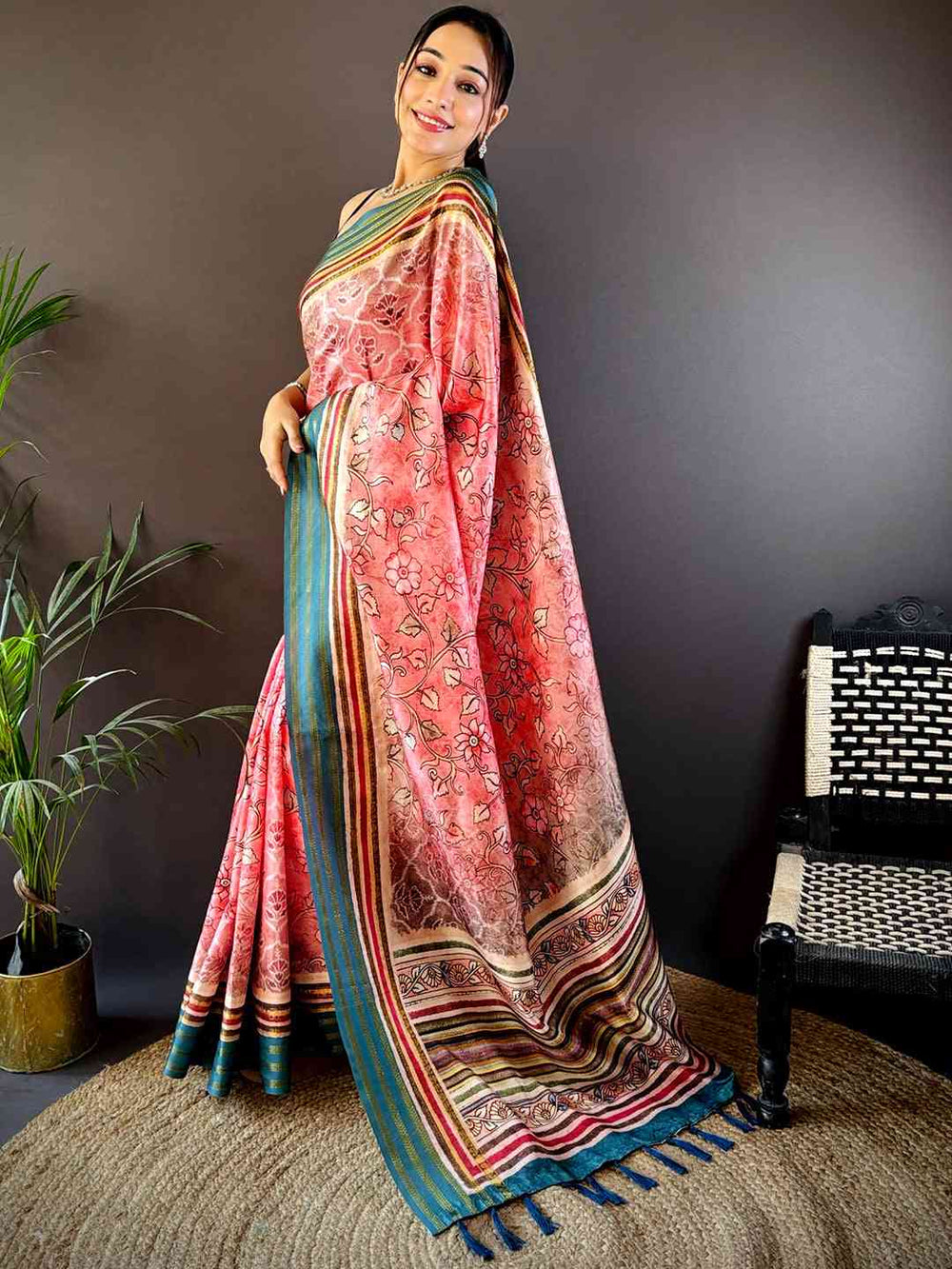 Pink & Teal Soft Silk Saree with Floral Print and Multicolor Striped Border