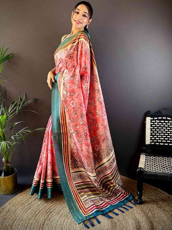 Pink & Teal Soft Silk Saree with Floral Print and Multicolor Striped Border