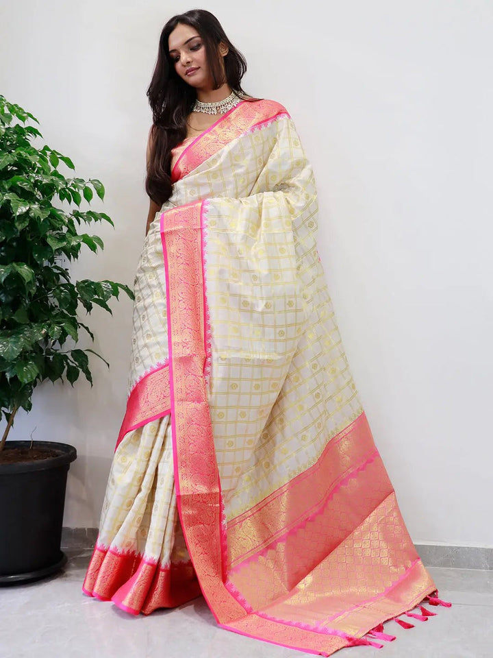 Cream Banarasi Soft Silk Saree with Gold Checks & Pink Zari Border