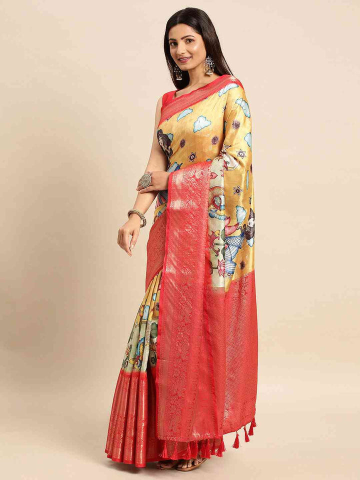 Yellow & Red Banarasi Silk Saree with Artistic Digital Print & Rich Zari Border