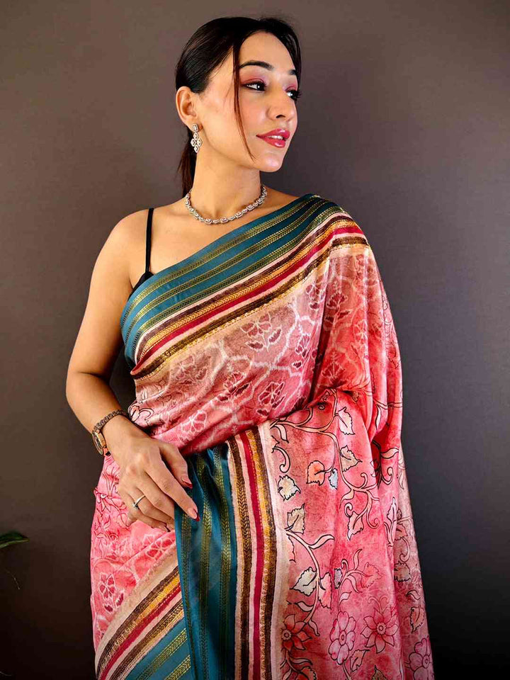 Pink & Teal Soft Silk Saree with Floral Print and Multicolor Striped Border