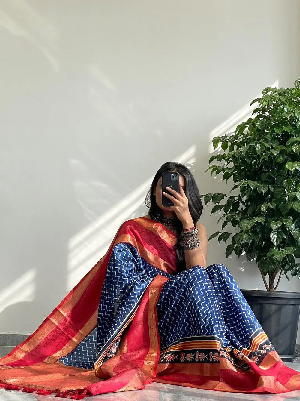 Blue & Pink Banarasi Soft Silk Saree with Ikat Weave and Golden Zari Border