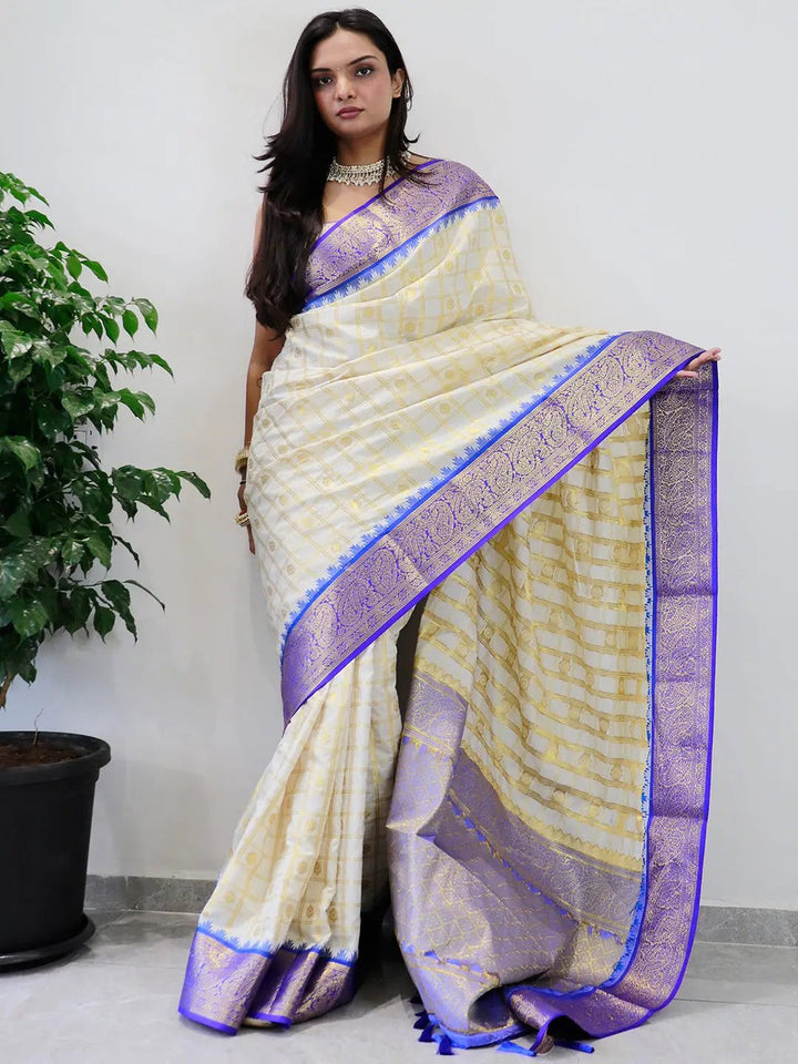 Cream Banarasi Soft Silk Saree with Gold Checks & Royal Blue Zari Border