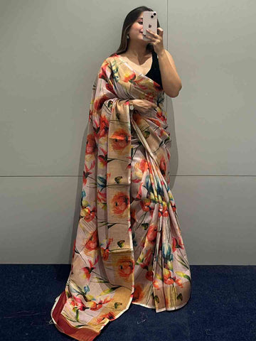 Beige Soft Silk Saree with Multicolor Floral Digital Print & Contrast Border