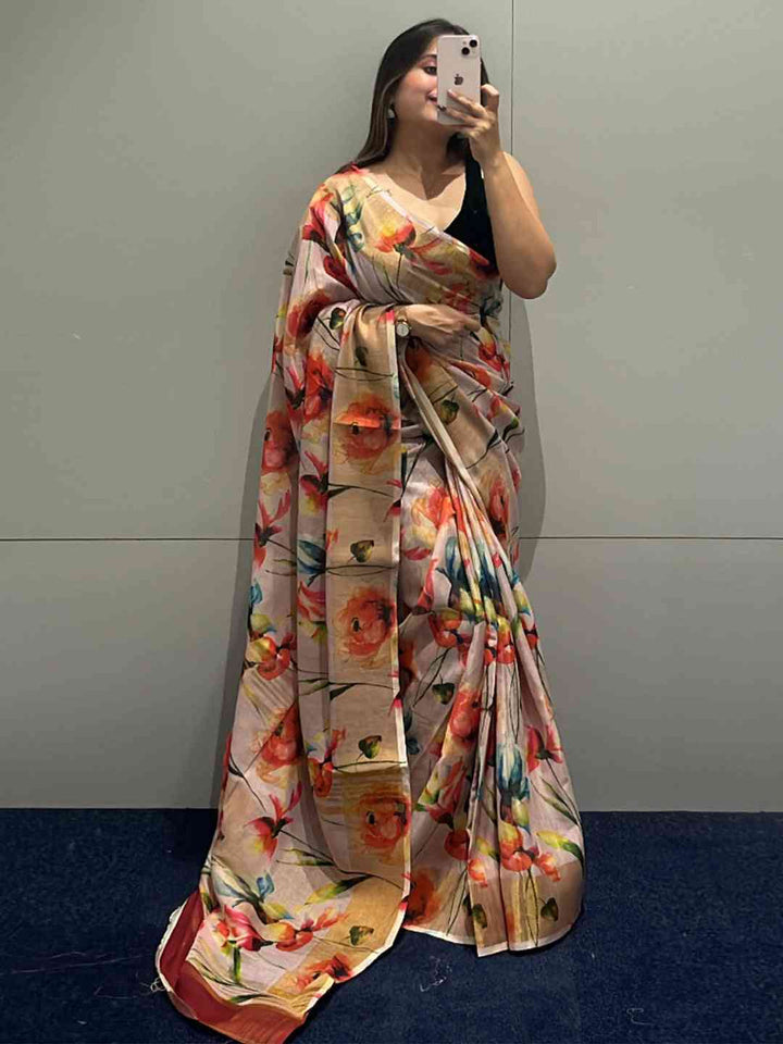 Beige Soft Silk Saree with Multicolor Floral Digital Print & Contrast Border