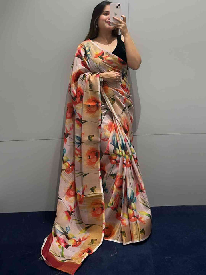 Beige Soft Silk Saree with Multicolor Floral Digital Print & Contrast Border