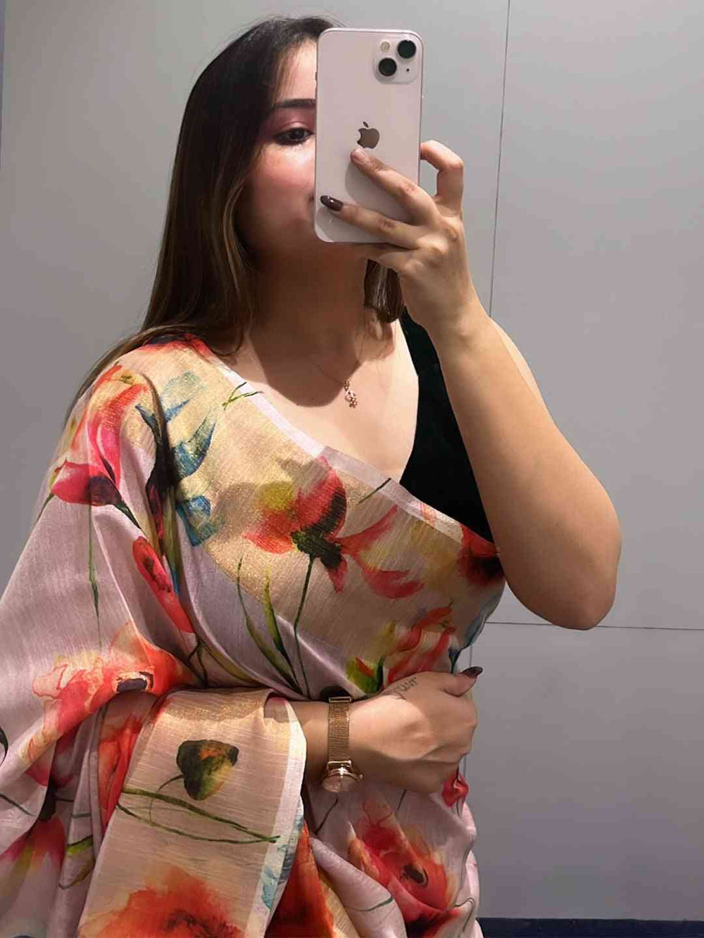 Beige Soft Silk Saree with Multicolor Floral Digital Print & Contrast Border