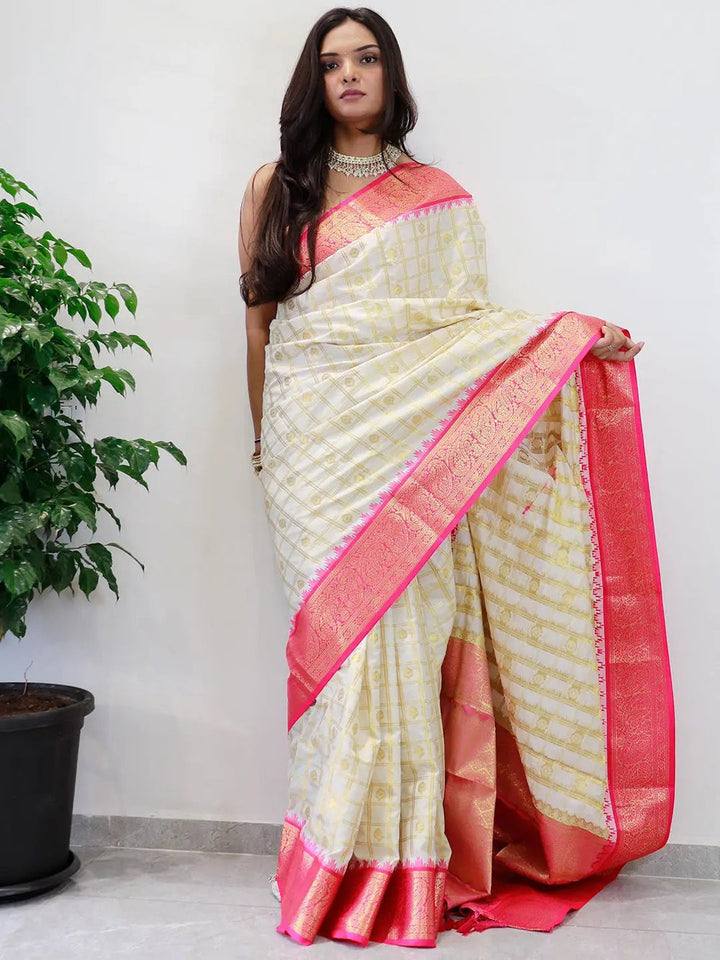 Cream Banarasi Soft Silk Saree with Gold Checks & Pink Zari Border
