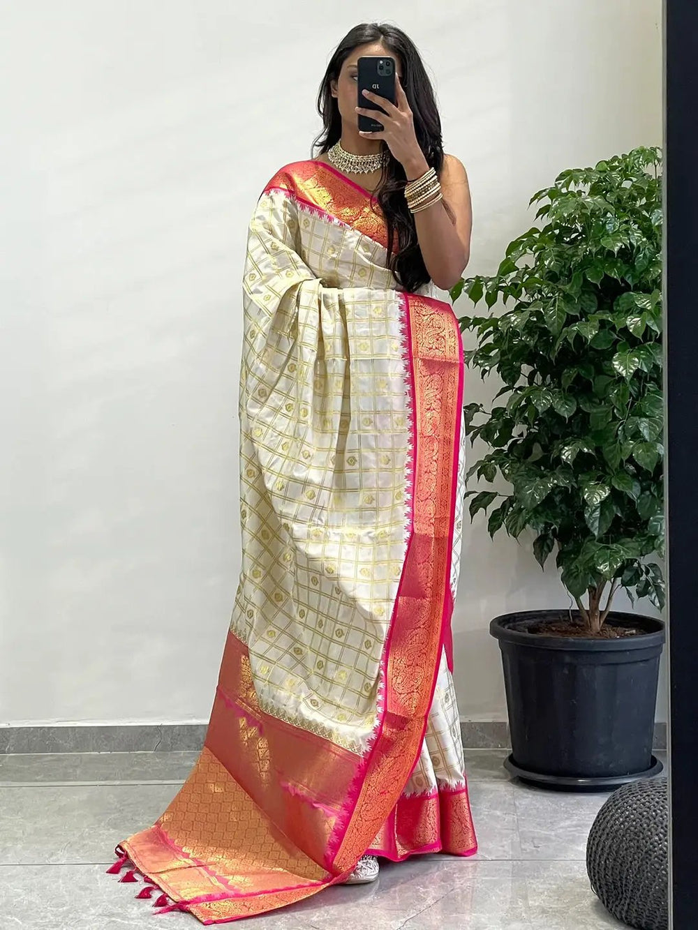 Cream Banarasi Soft Silk Saree with Gold Checks & Pink Zari Border