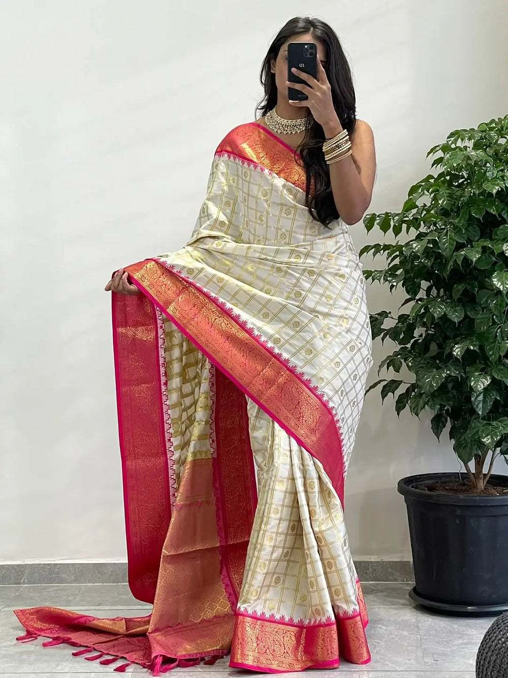 Cream Banarasi Soft Silk Saree with Gold Checks & Pink Zari Border