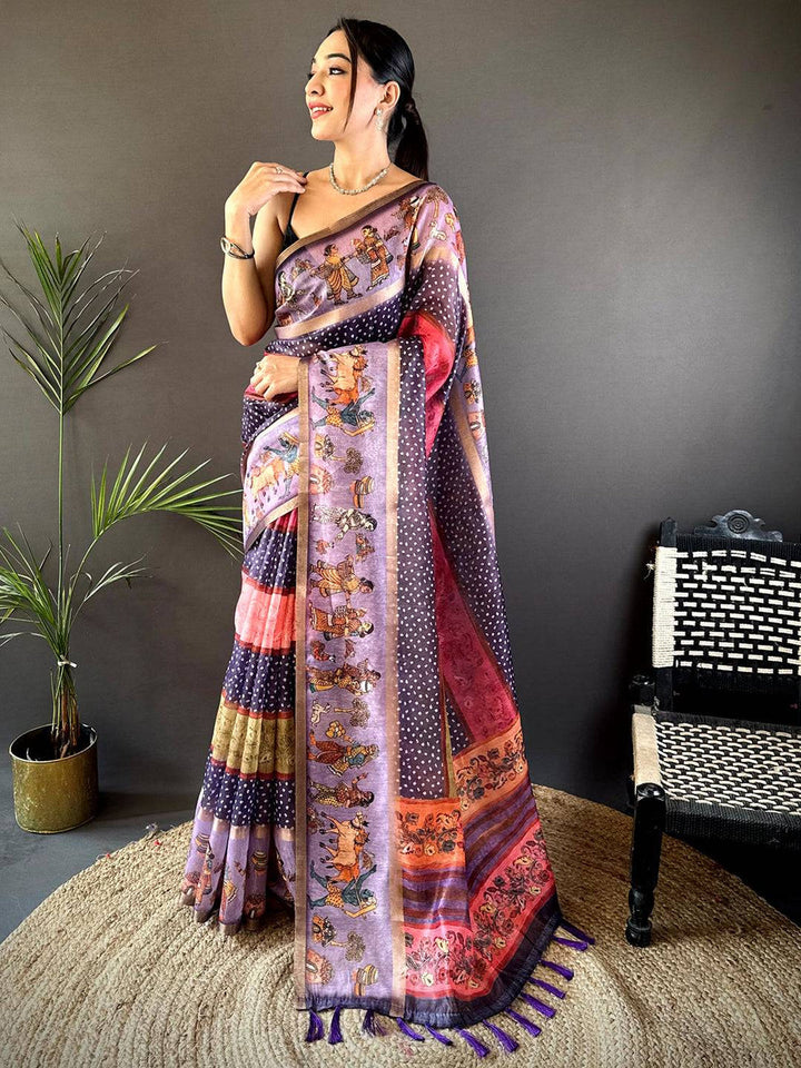 Purple Soft Silk Saree with Madhubani Print Panels & Multicolor Striped Pallu