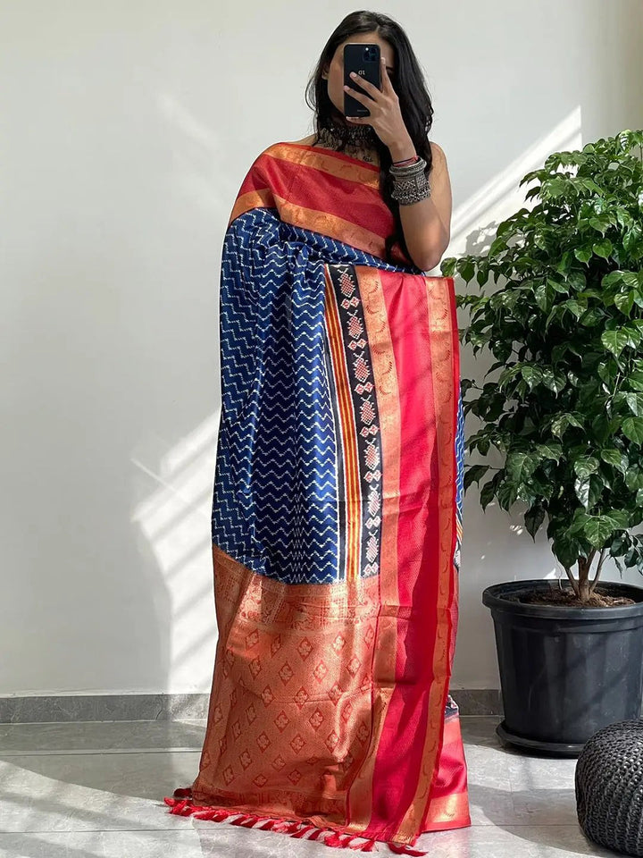 Blue & Pink Banarasi Soft Silk Saree with Ikat Weave and Golden Zari Border