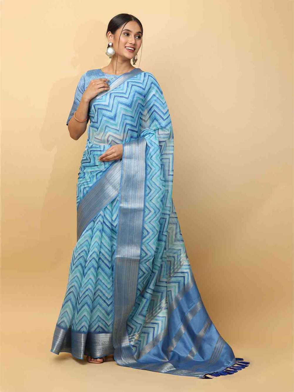 Sky Blue & Navy Zigzag Soft Silk Saree with Silver Zari Border