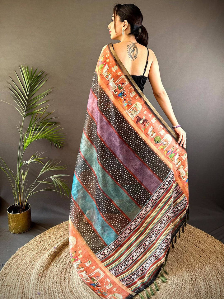 Rust & Multicolor Soft Silk Saree with Madhubani Print Panels & Striped Pallu