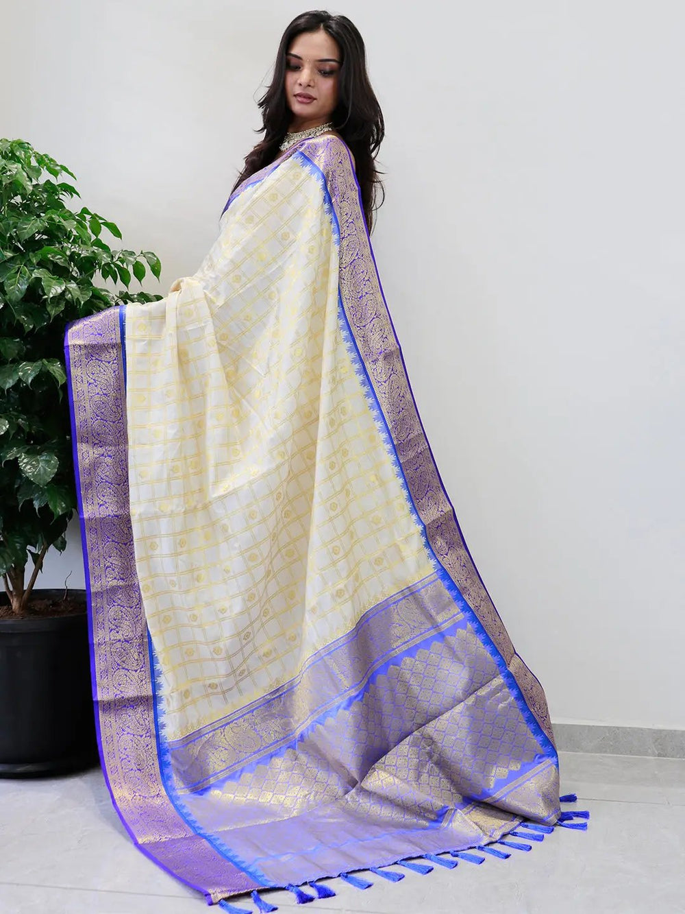 Cream Banarasi Soft Silk Saree with Gold Checks & Royal Blue Zari Border