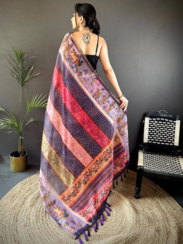Purple Soft Silk Saree with Madhubani Print Panels & Multicolor Striped Pallu