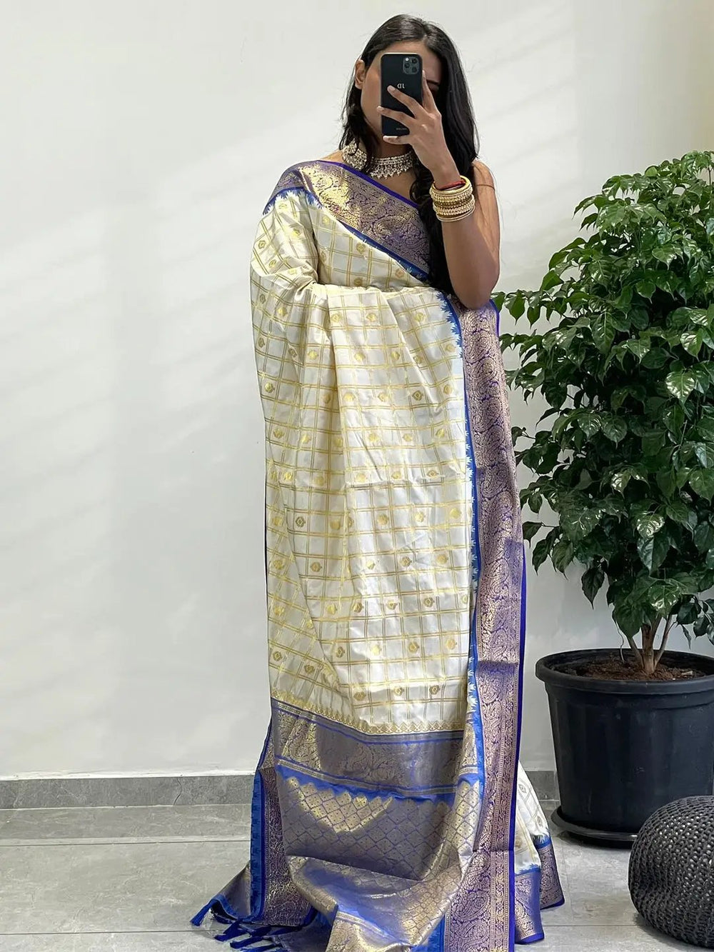 Cream Banarasi Soft Silk Saree with Gold Checks & Royal Blue Zari Border