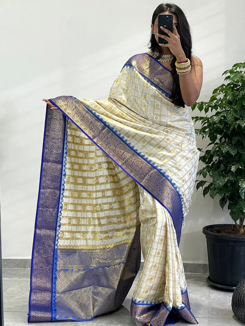 Cream Banarasi Soft Silk Saree with Gold Checks & Royal Blue Zari Border