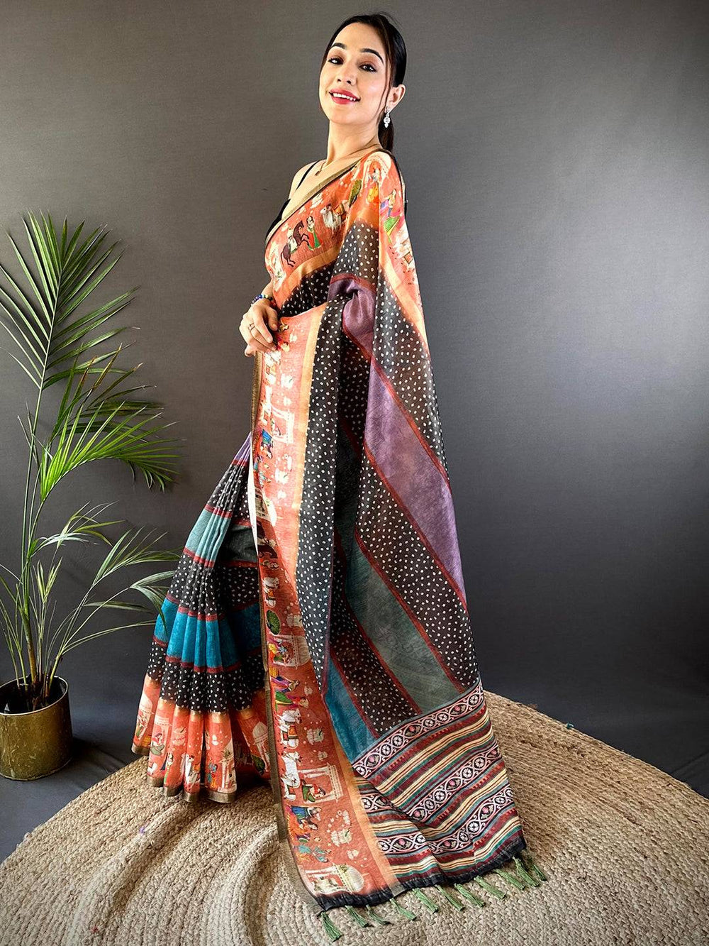 Rust & Multicolor Soft Silk Saree with Madhubani Print Panels & Striped Pallu