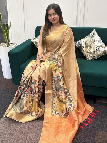 Golden Soft Silk Saree with Multicolor Madhubani Print & Orange Tassel Border