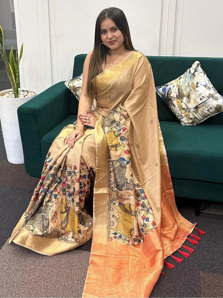 Golden Soft Silk Saree with Multicolor Madhubani Print & Orange Tassel Border