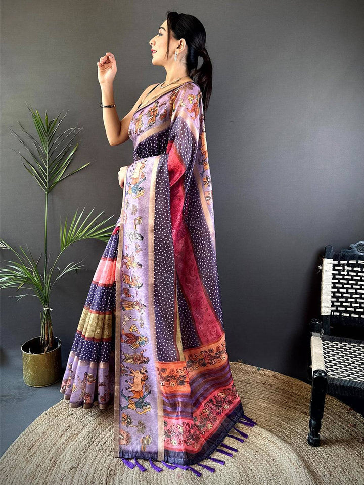 Purple Soft Silk Saree with Madhubani Print Panels & Multicolor Striped Pallu
