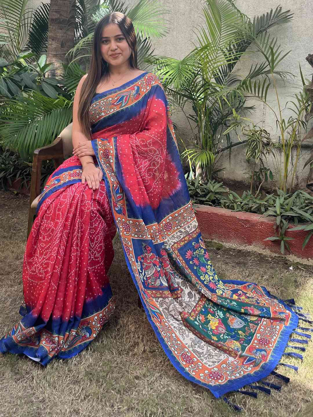 Red Bandhani Print Soft Silk Saree with Multicolor Kalamkari Pallu & Blue Border